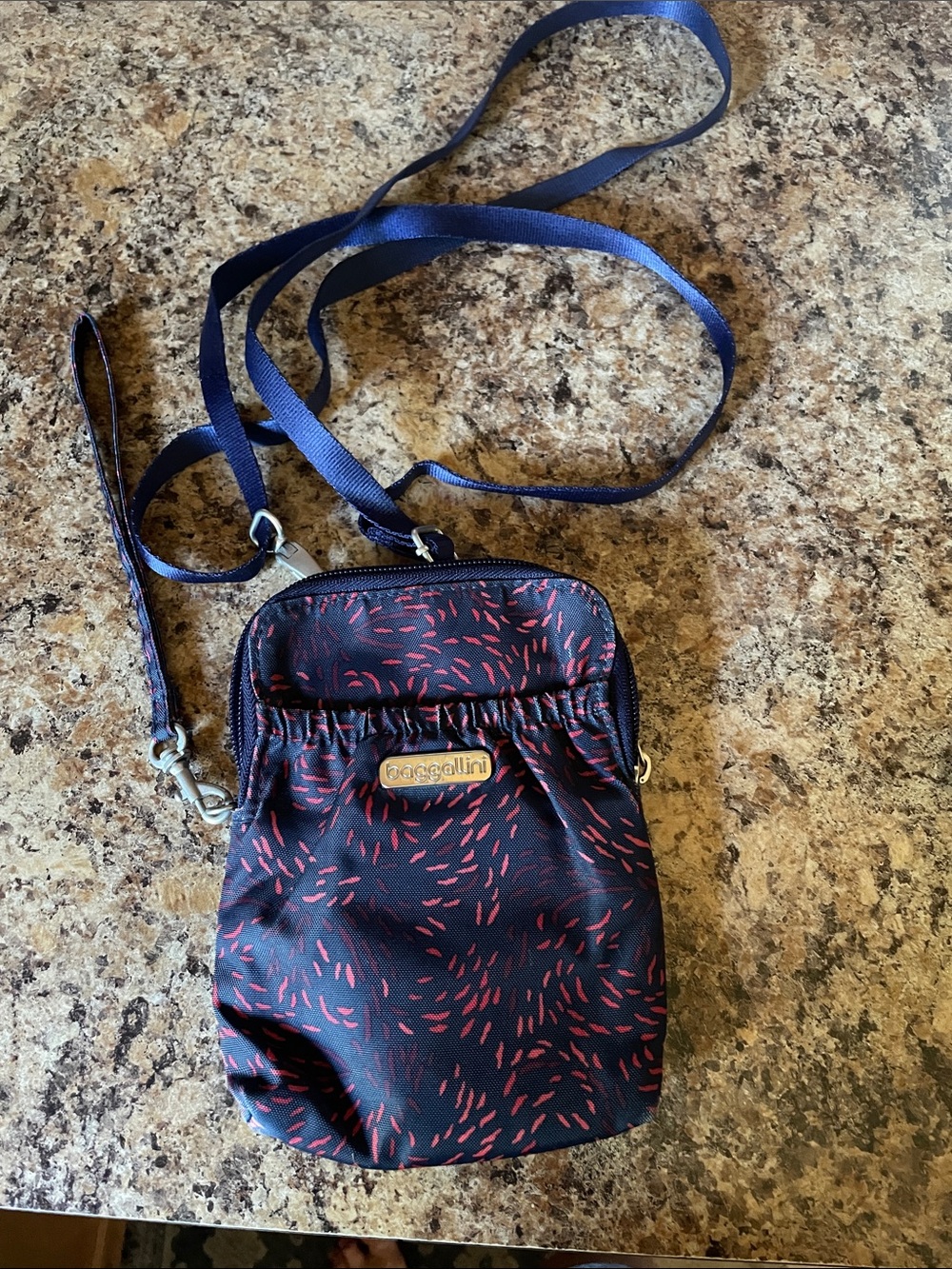 Baggallini Navy Crossbody Mini Bag with Pink Accent Print